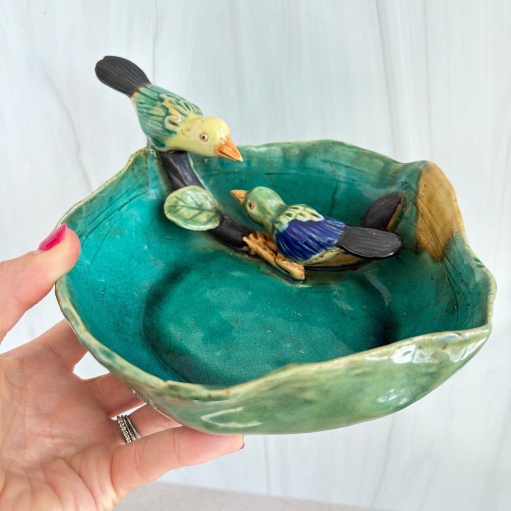 Vintage Artisan Ceramic Bird Bowl Teal Green Crackle Glaze Hand Painted Decor - Picture 12 of 12